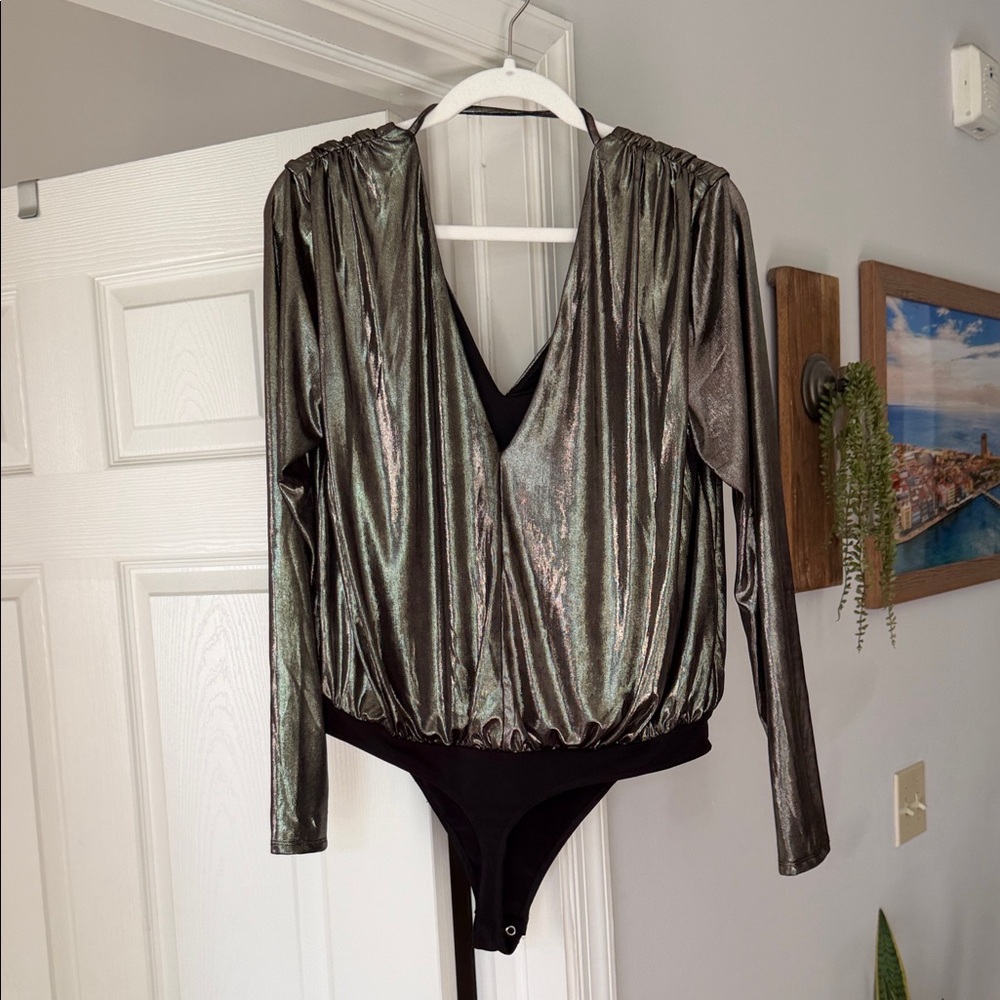 Express Metallic Silver and Black Bodysuit